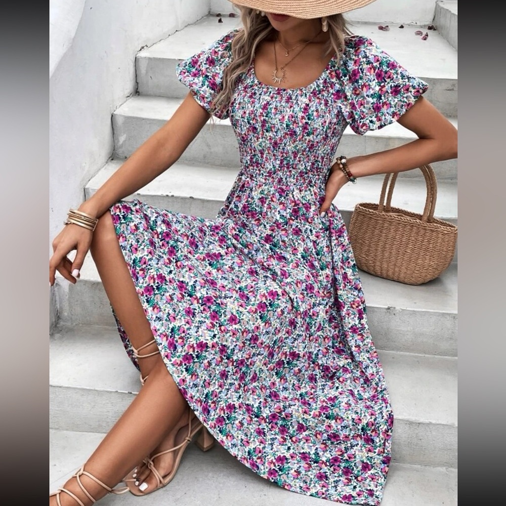 Shein floral shirred bodice dress